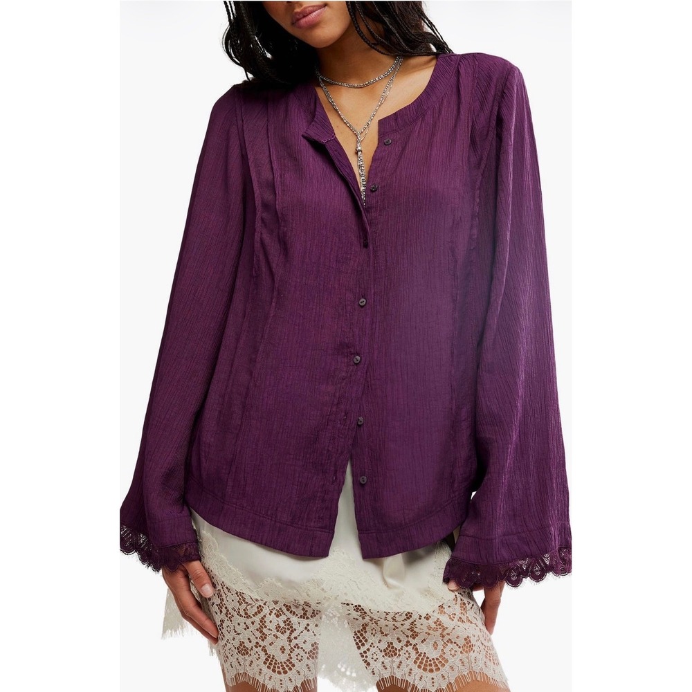 Free People Donni Lace Cuff Top Ivory Gauze Blouse NWOT italian plum